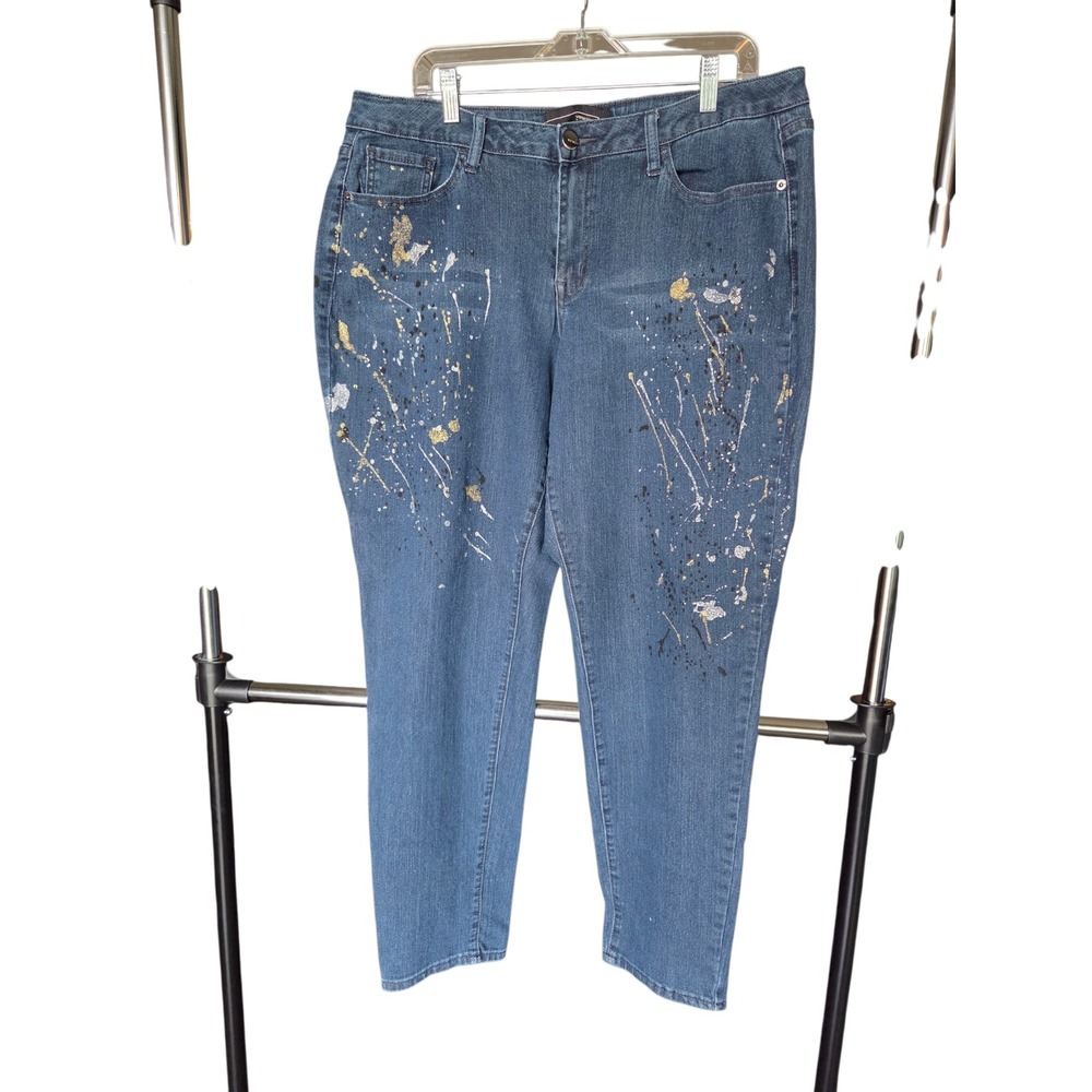 Venezia Womens Blue Paint Splatter Jeans Gold Silver Metallic Stretch Size 18
